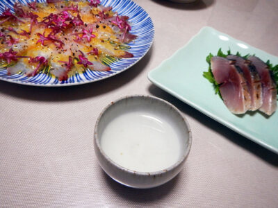 凱陣・阿州山田錦の常温で自家製しめさばの炙りやへだいのカルパッチョ、セビーチェをいただく